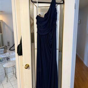 David's Bridal Midnight Blue One-Shoulder Gown